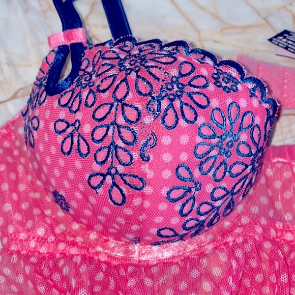 34B Pink Polka Dot Sexy Little Things Flyaway Babydoll Lace Mesh Flyaway - Picture 5 of 9